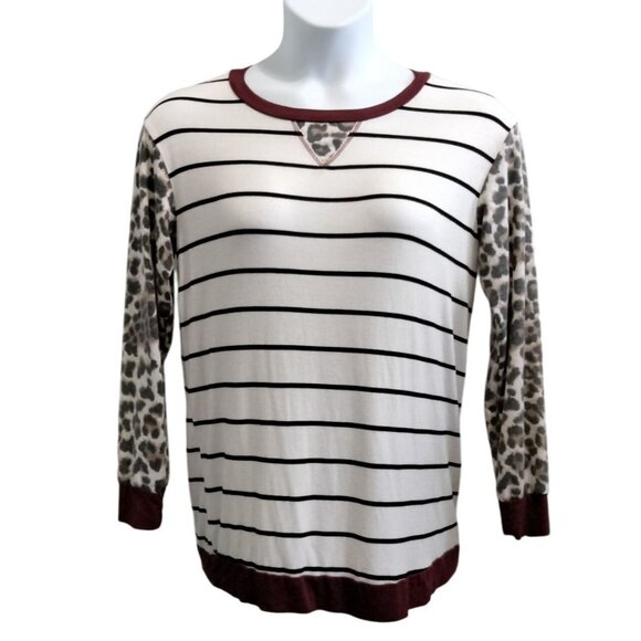 HoneyMe Medium Top Womens V-Neck Striped & Leopard Pattern Tunic Long Sleeve - Picture 2 of 9